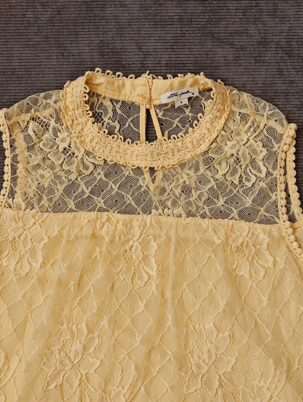 Ultra Pink Yellow Floral Lace Mock Neck Sleeveless Blouse